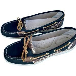Sperry Angelfish Top Siders 2-Eye Boat Shoes/Flats Black Leopard Trim Women’s 9M